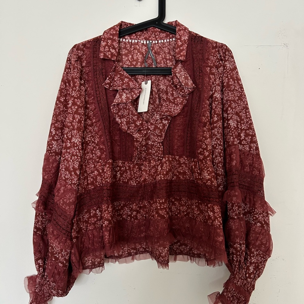 Anthropologie Floral Lace Burgundy Blouse